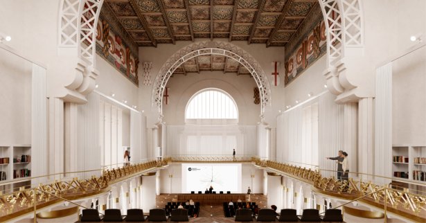 recreació de com queda la gran sala de la primera planta convertida en auditori amb les balconnades